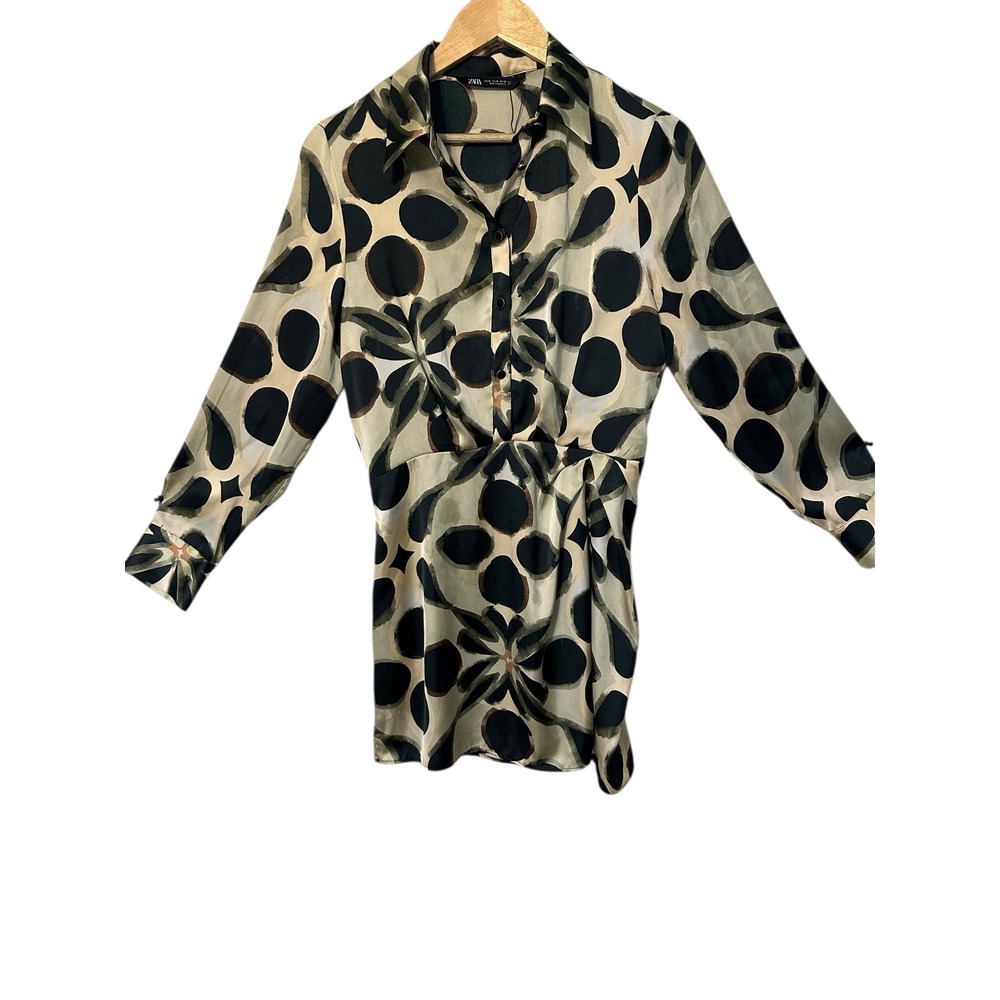ZARA Abstract Dot Floral Print Button Down Shirt‎ Dress Long Sleeve Beige Black